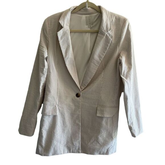 Joie Tan Khaki White Pin Stripes Seer Sucker Blazer Jacket Women’s Size Medium - Picture 1 of 6